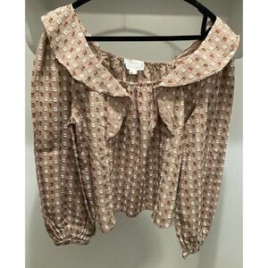 Loveriche Women Brown Polka Dot Blouse Long Sleeve with Ruffles Size Large